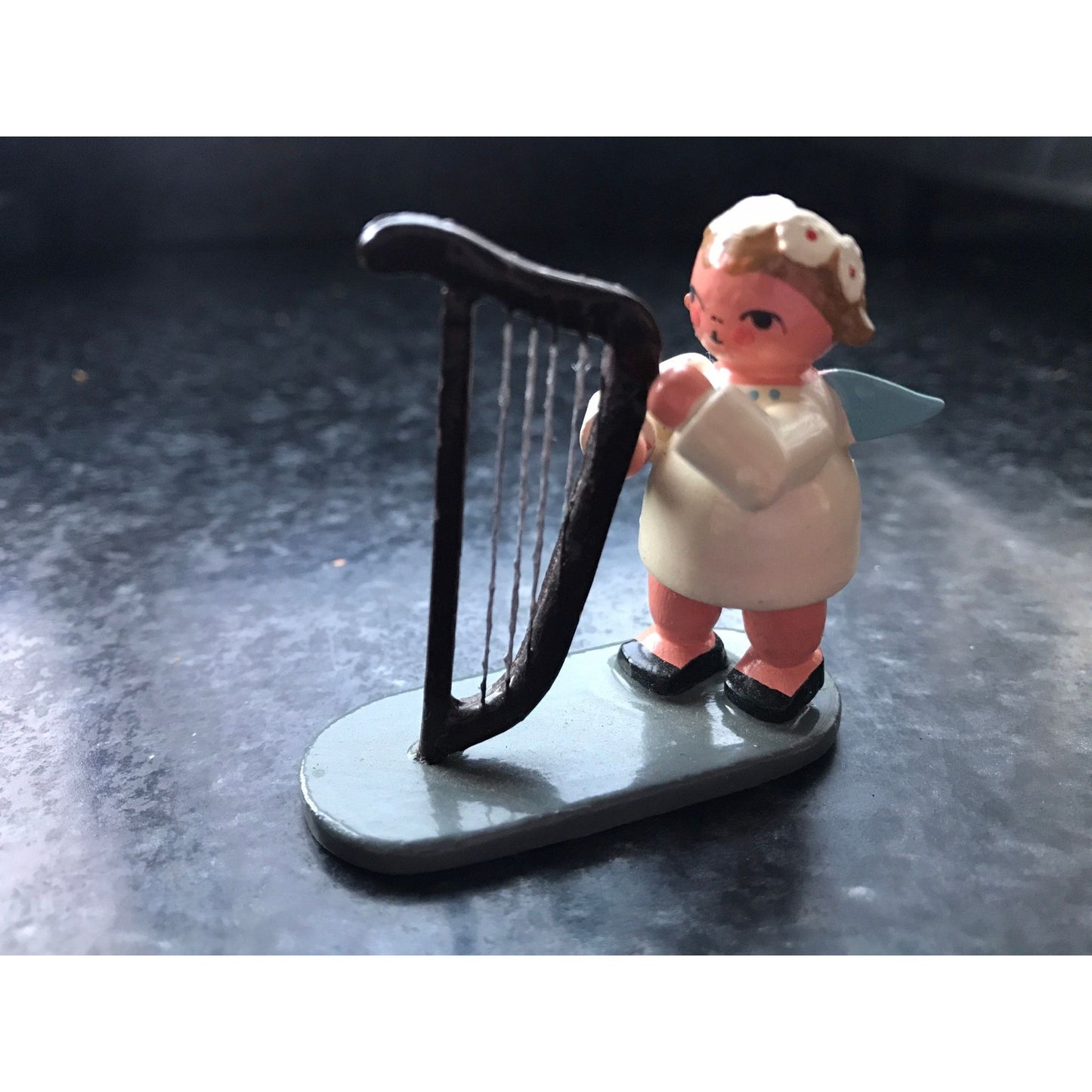 Vintage Christmas Wooden Music Angel Playing The Harp Erzgebirge Made In Germany Orchestra