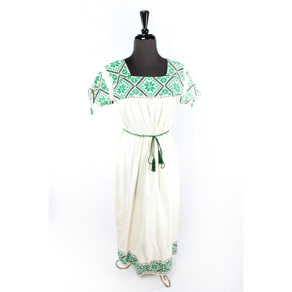 Vtg 1970's Mexican Bohemian Dress Handmade Hand Embroidered Beige Green Black Star Pattern M