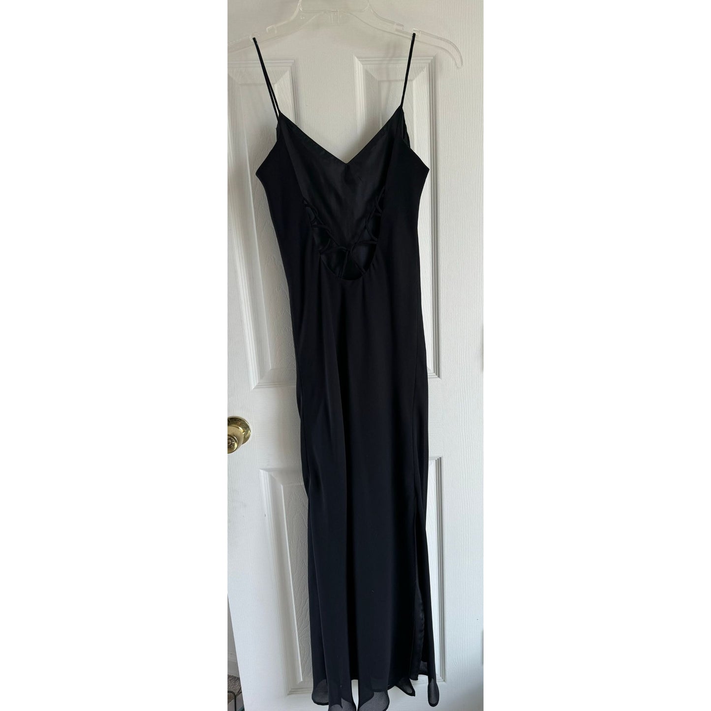 Vintage Hampton Nights Black Maxi Dress Full Length Spaghetti Straps Vents On Each Side 20" Open Back Loops Size 2