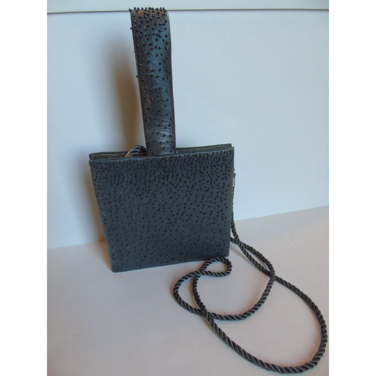 Vintage Gray Satin Evening Bag Crossbody With Gray Seed Beads NWOT