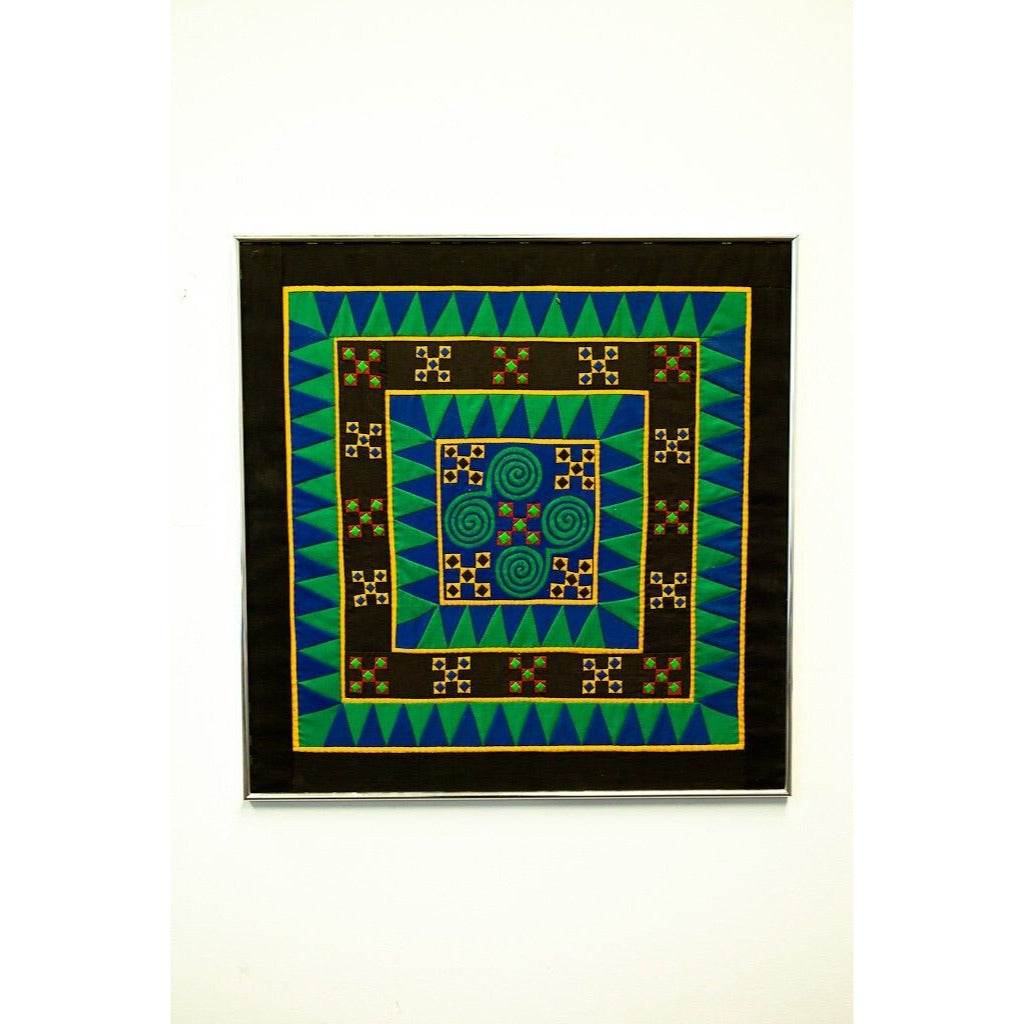 Vtg 1980's Hmong Stitchery Textile Art Very High Quality Flower Cloth Pieces Galerie de Boicourt Black Green Blue