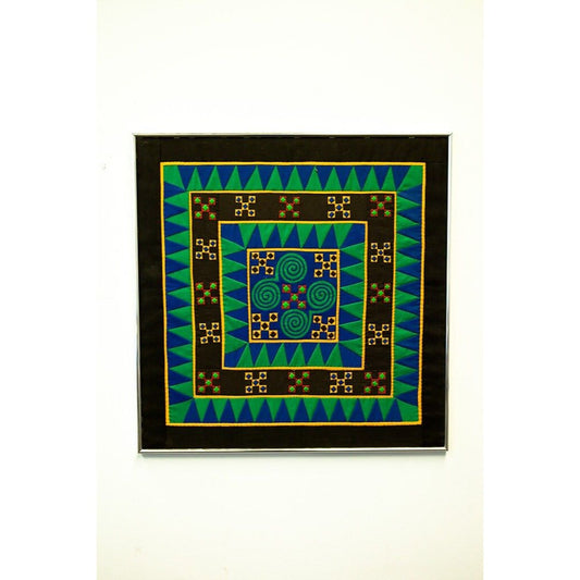 Vtg 1980's Hmong Stitchery Textile Art Very High Quality Flower Cloth Pieces Galerie de Boicourt Black Green Blue