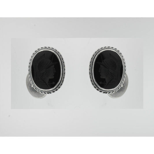 Vtg 1950's Pair Of Black Oval Bezel Set Intaglio Roman Cufflinks Stamped STERLING Weight 16.2 Grams