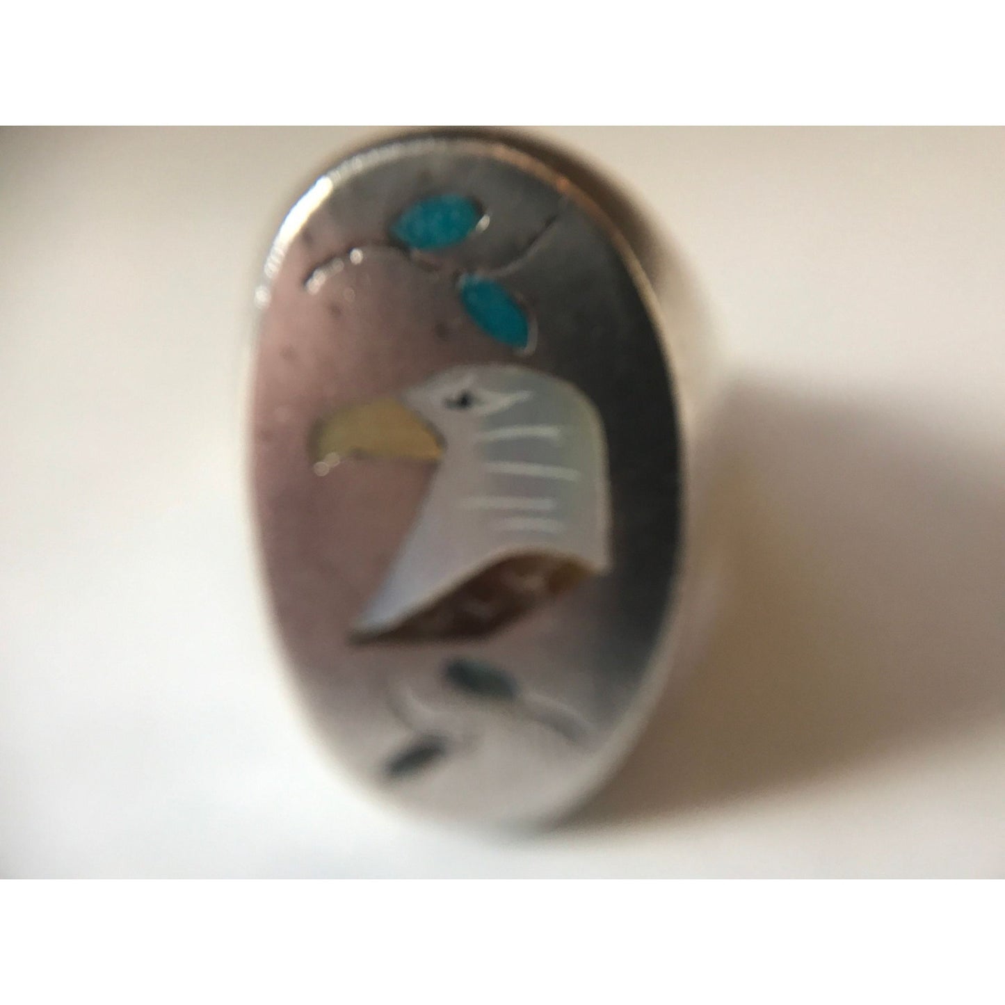 Vtg 1960's Large Oval Inlaid Eagle Design Ring Jewelry Sterling Silver Abalone Turquoise Coral Size 10 3/4