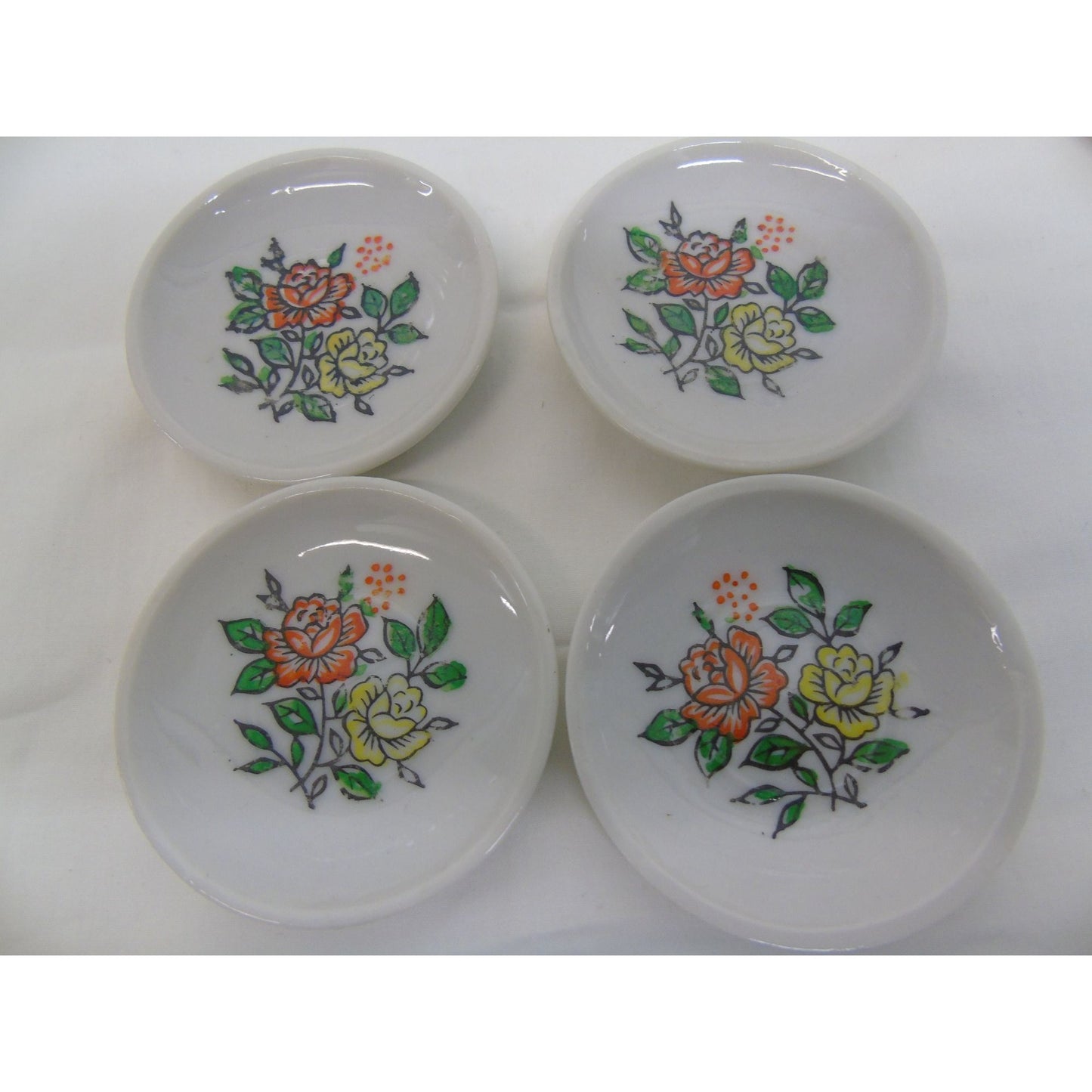 Vtg Miniature Teapot Tea Party 17 Piece Set Brilliant Orange Yellow Roses Green Leaves Plates Saucers Creamer Sugar Cups Made In Japan