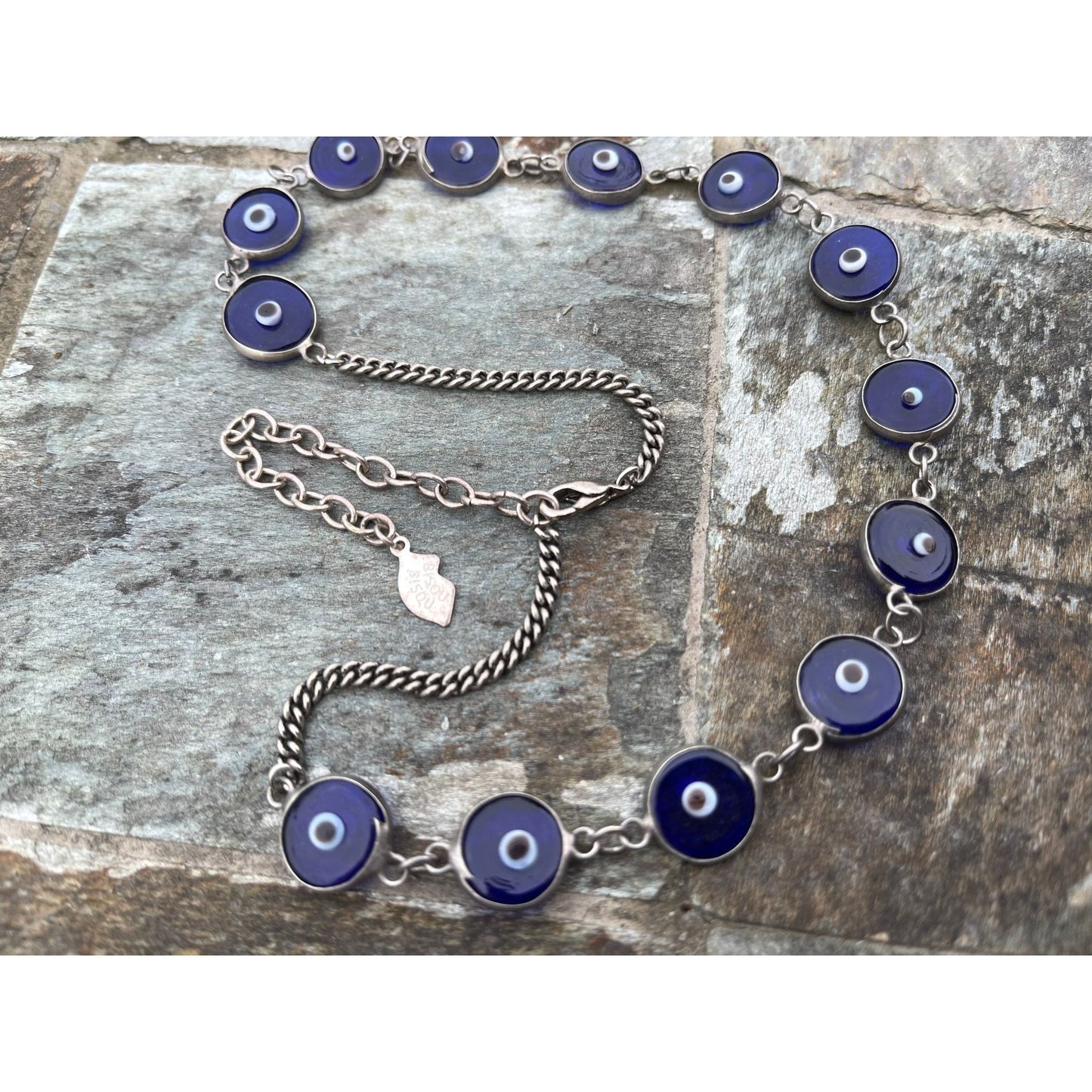 Vtg Bisou Bisou Glass Bead Evil Eye Necklace 18″ Adjustable Length 13 Beads Silver Tone Bisou Bisou Tag