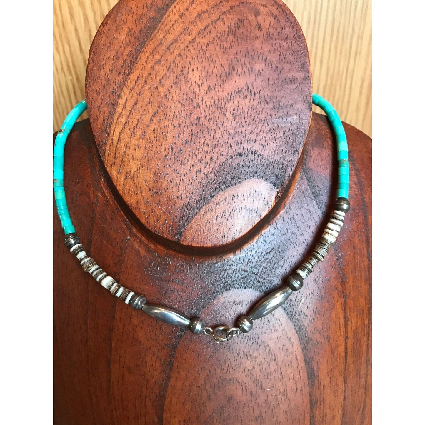 Vtg Heishi Necklace Graduated Turquoise Beads Shell Beads Santo Domingo Native American 16.5"