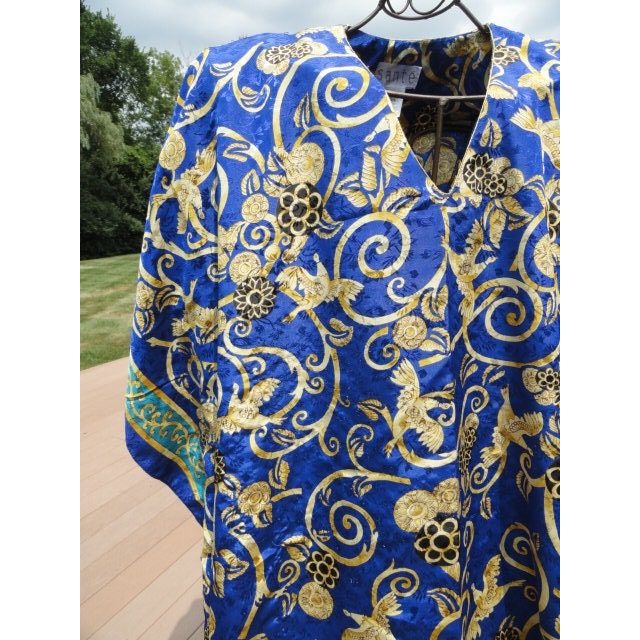 Vintage Women's SANTE Maxi Kaftan Dress Paisley Jacquard Pattern Feather Motif Blue Gold One Size