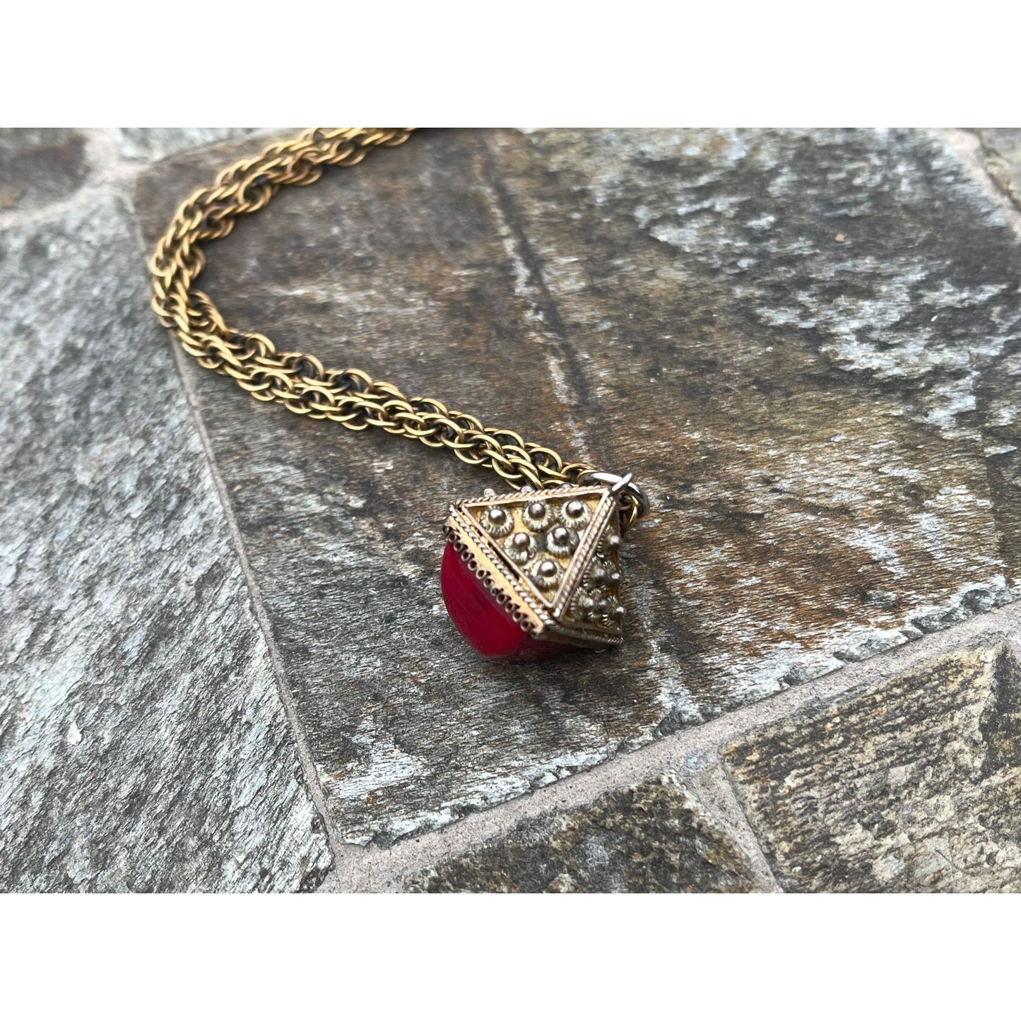 Vtg 1960's Italian Handmade Filigree Semi Precious Red Stone Pendant Square Charm Necklace