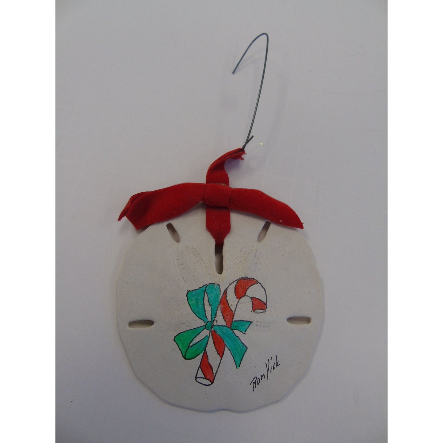 Vintage 1970's Ron Vick Christmas Candy Cane Sand Dollar Ornament Hand Painted & Signed By The Artist