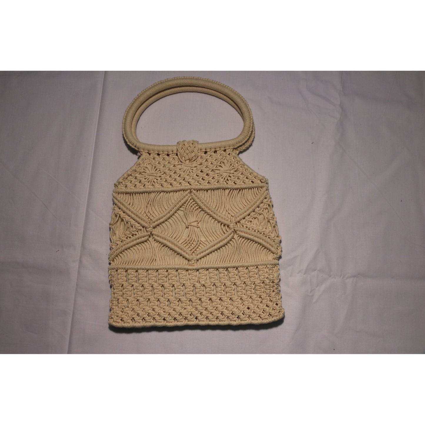 1970's Macramé Ivory Handbag Purse Fully Lined Round Handles Vintage