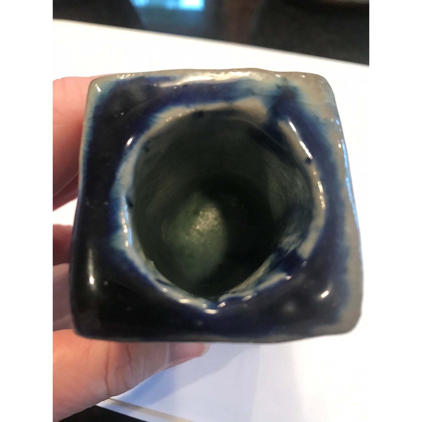 Vtg Handmade 1980's Cobalt Blue Ceramic Vase Pencil Pen Holder Heavily Glazed In And Out 3" One Of A Kind