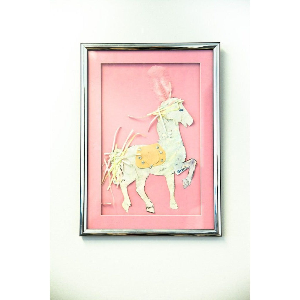 Vintage Prancing Pink Horse Mixed Media Art Pink Feather Artist Signed "Grant" Pink Matting Framed