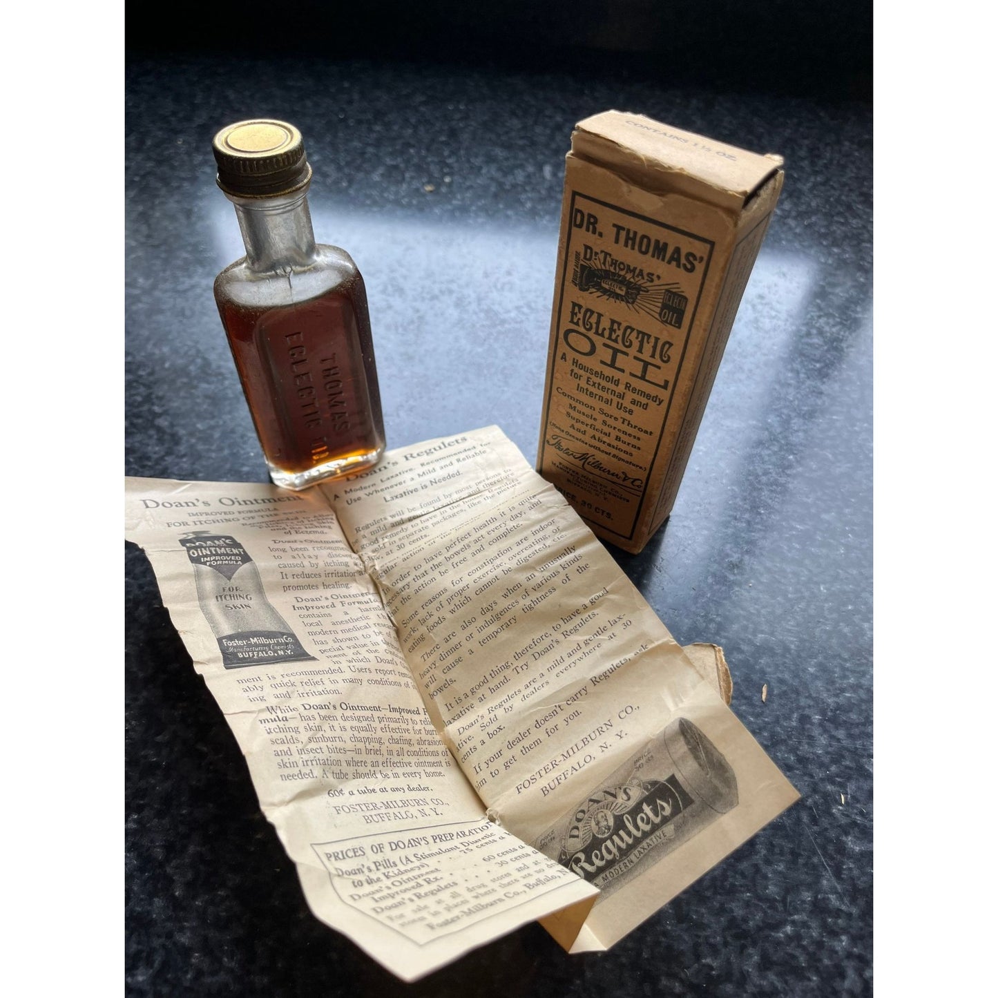 Antique Medicine Dr. Thomas Eclectric Oil Medicine Bottle With Box & Original Instructions Embossed Bottle 1906