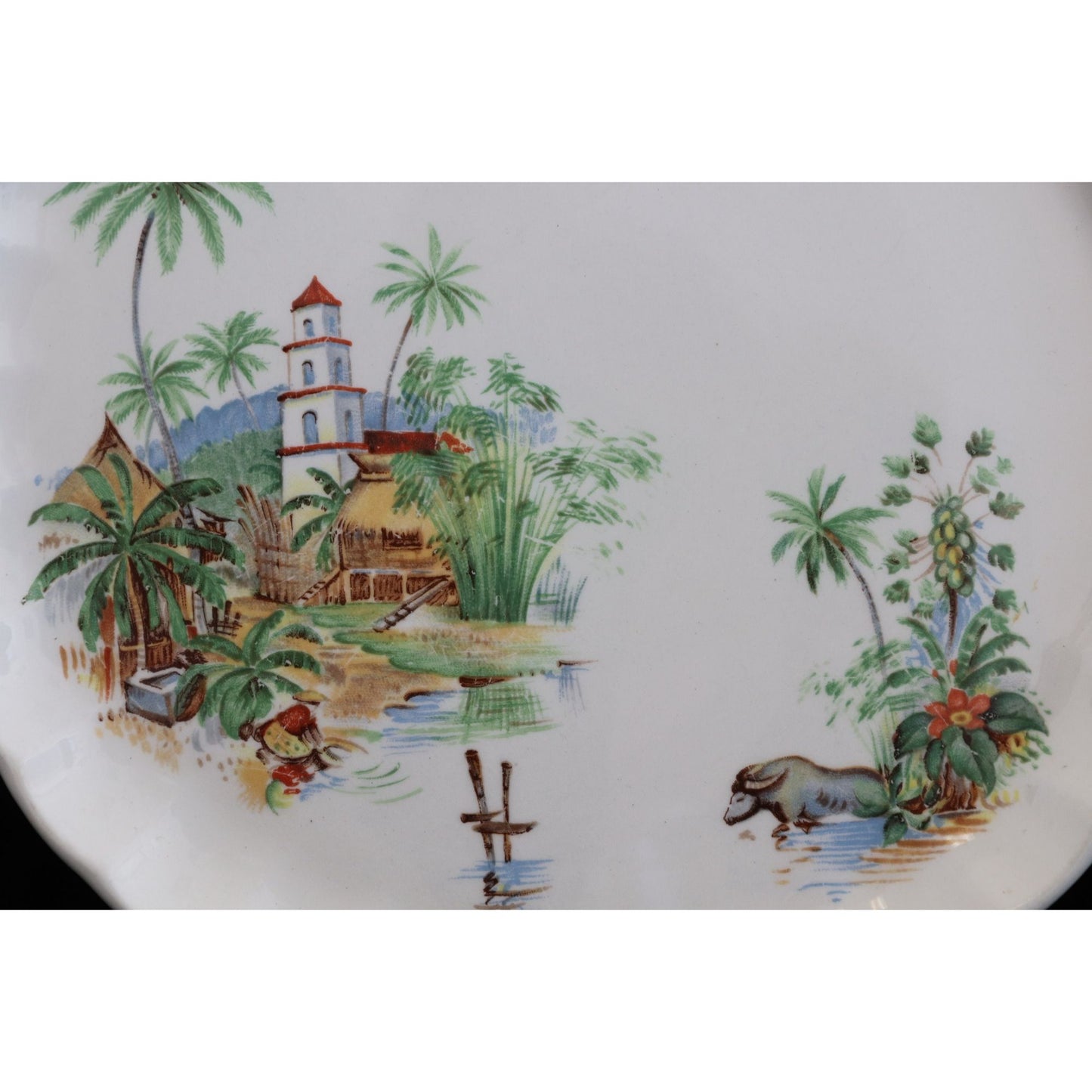 W S George Bolero Vintage Rare Tropical Island Hacienda Bull Scene Three 9.5" Dinner Plates