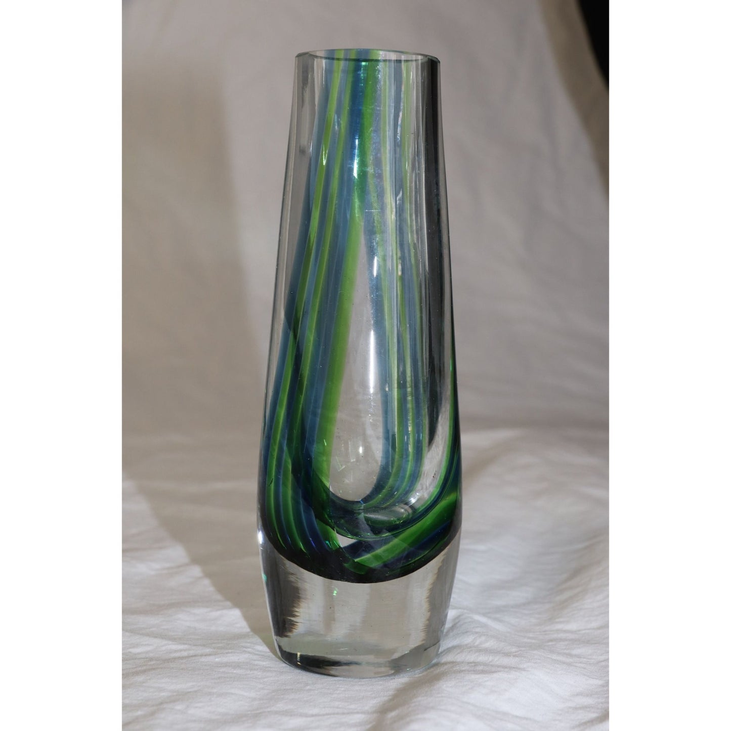 Vintage 1960's Murano Blue Green Glass Vase Clear Base Flower Bud Vase