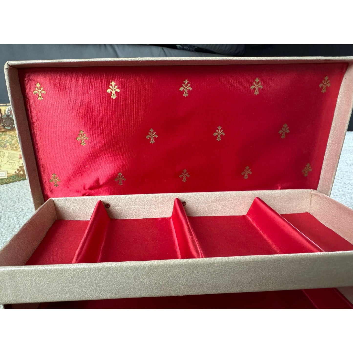 Vintage 1960's Beige And Red Jewelry Box Folds Up Two Sections Mid Century With Red Interior Gold Fleur de Lis