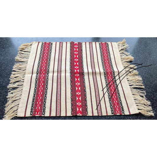 Vtg Handmade Romanian Handwoven Fabric Table Runner White Red Black Classic Romanian Textile Pattern Cotton 18 1/2" x 12"