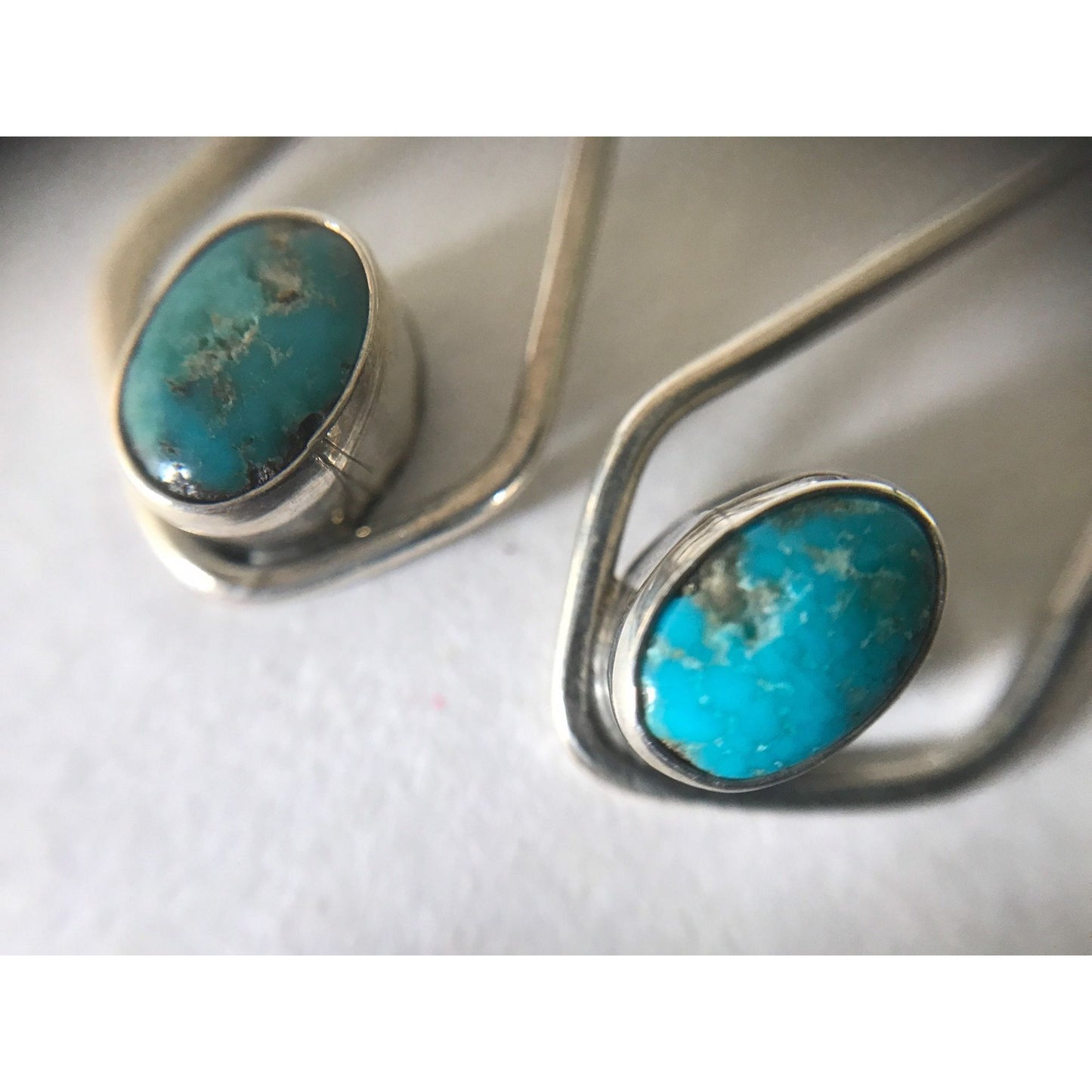 Vintage 1970's Dangle Drop With Bezel Turquoise Earrings Sterling Silver Non Pierced Clip On