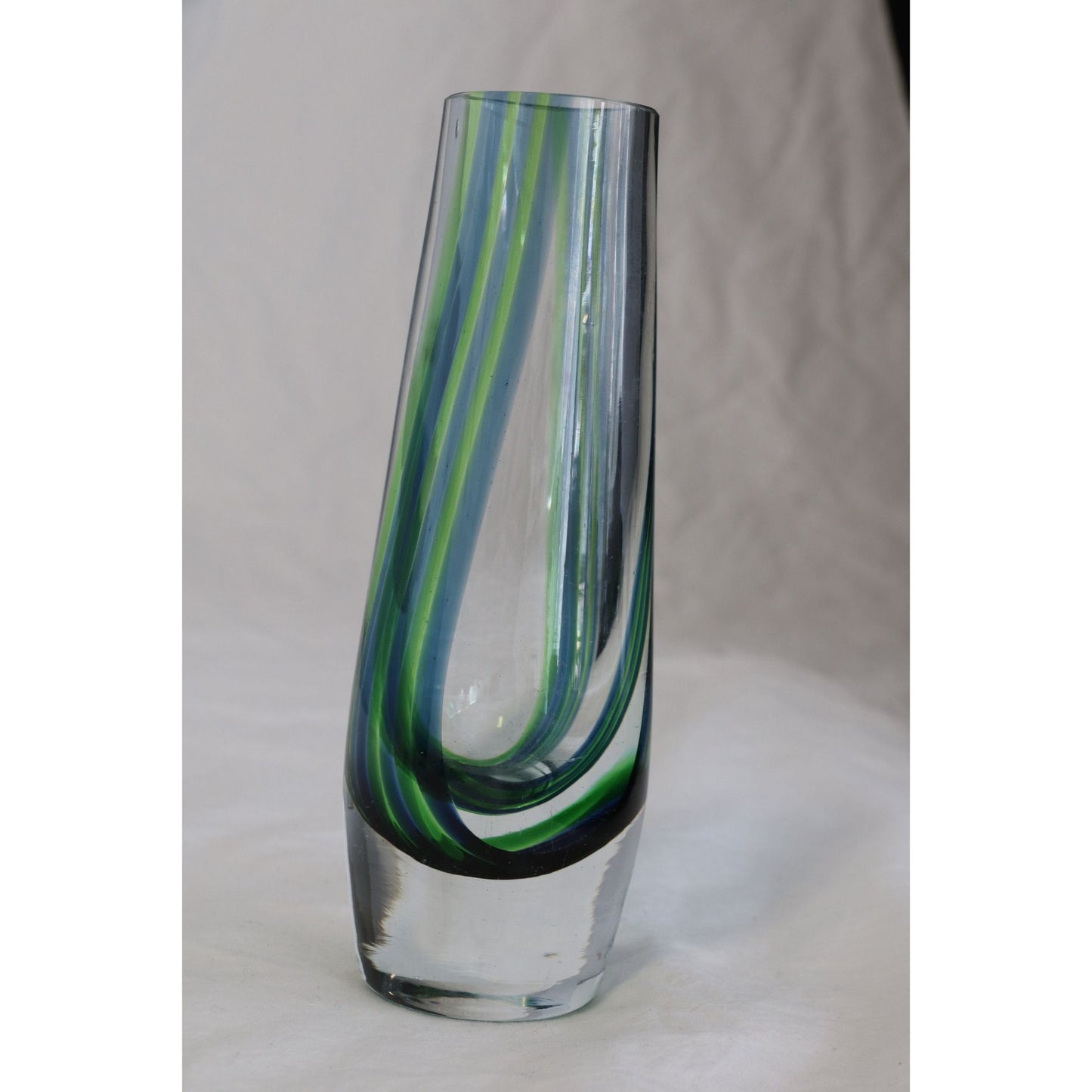 Vintage 1960's Murano Blue Green Glass Vase Clear Base Flower Bud Vase