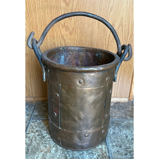 19th Century Copper Firewood Bucket Cauldron With Handle 11 1/4" Tall