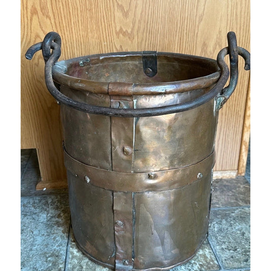 19th Century Copper Firewood Bucket Cauldron With Handle 13 1/2" Tall