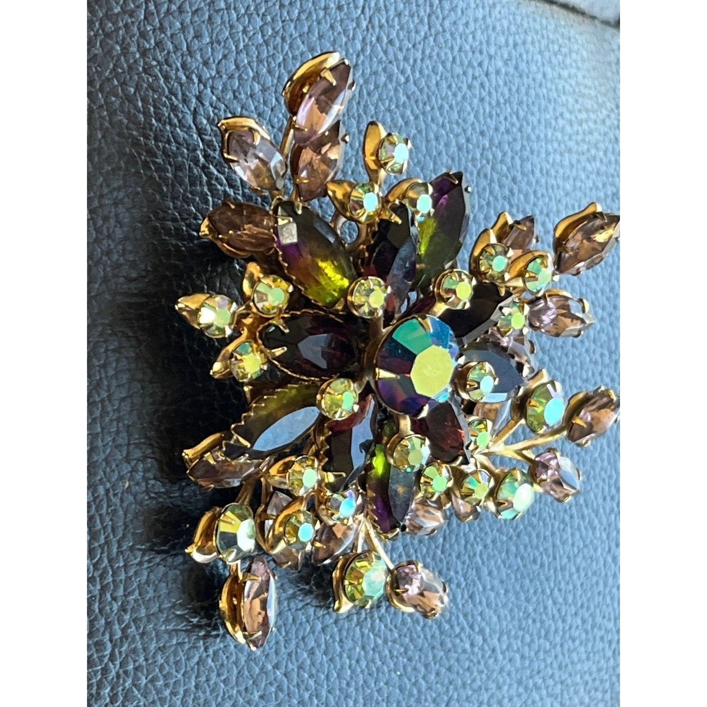 Vintage Purple Floral Brooch Pin AB Rhinestones Beads Floral Pattern NWOT Leaf Motif