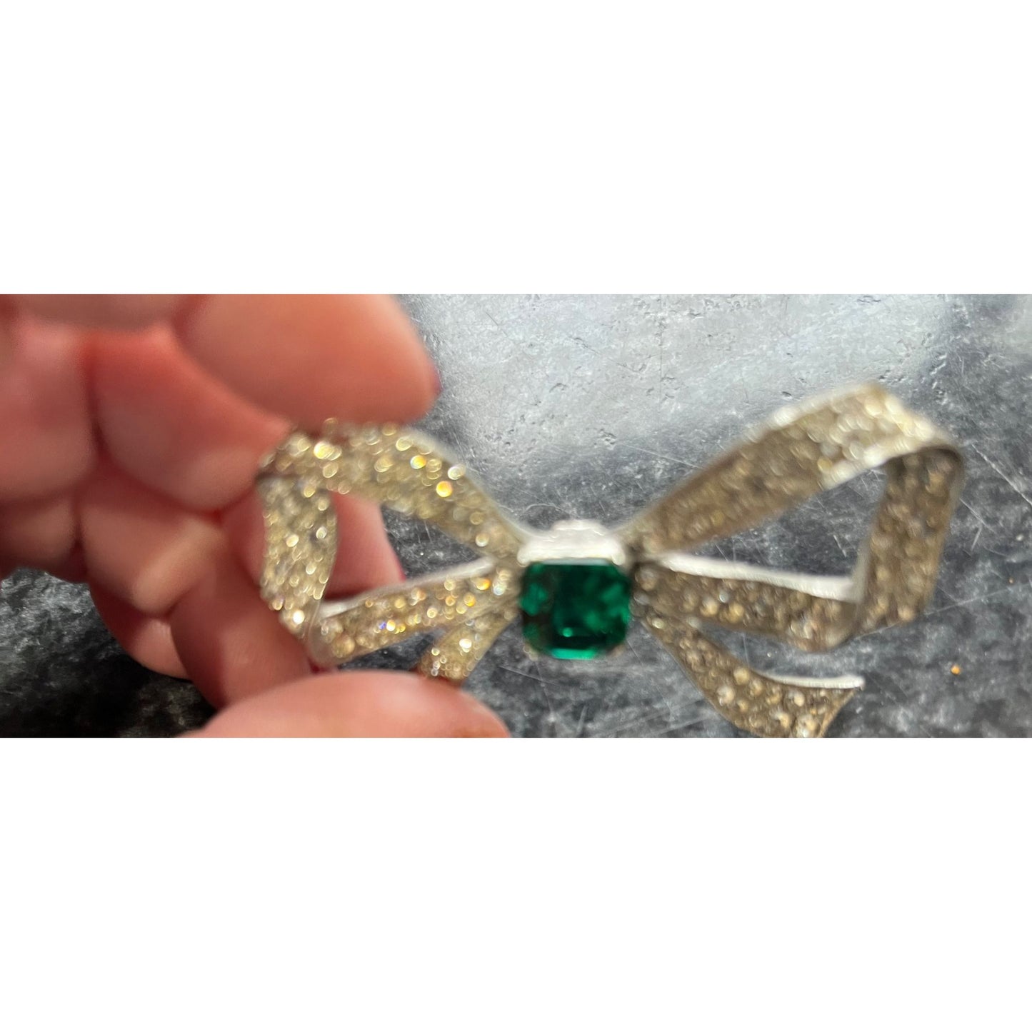 Vintage Rhinestone Flowing Bow With Green Emerald Stone Center Silver Tone Metal Costume Jewelry Repurpose