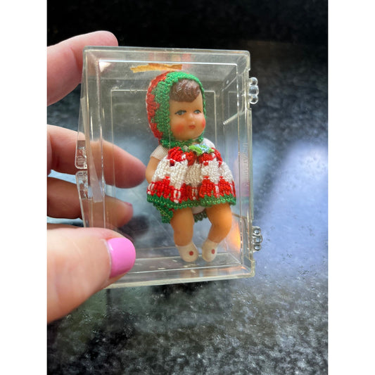 Vtg Miniature Baby Doll Hand Crocheted Costume Original Tag & Box Made In German Democratic Republic 2-3/4" Tall