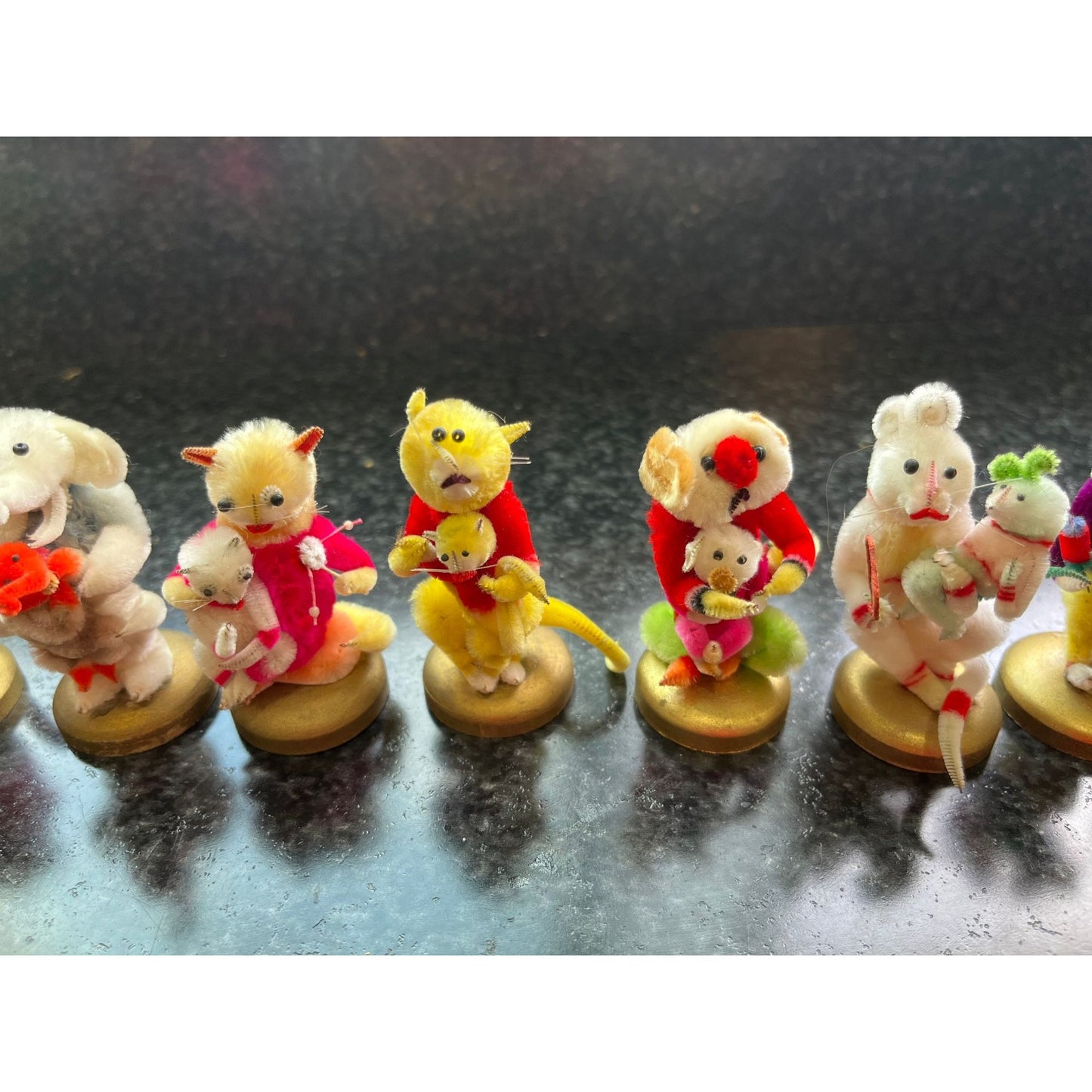 Vtg Set Of 12 Handmade Chenille Animals Mother & Child 2" Figurines Amazing Details One Of A Kind