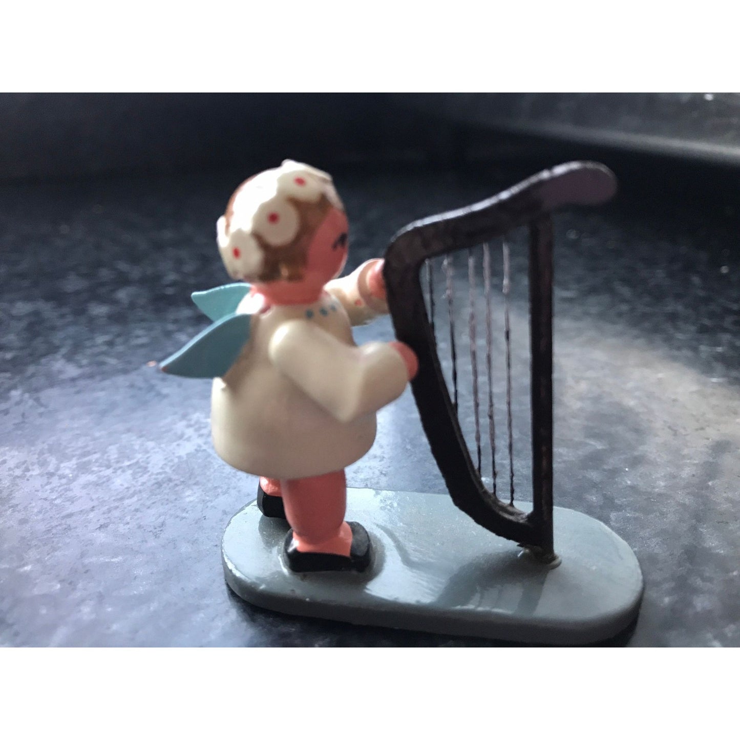 Vintage Christmas Wooden Music Angel Playing The Harp Erzgebirge Made In Germany Orchestra