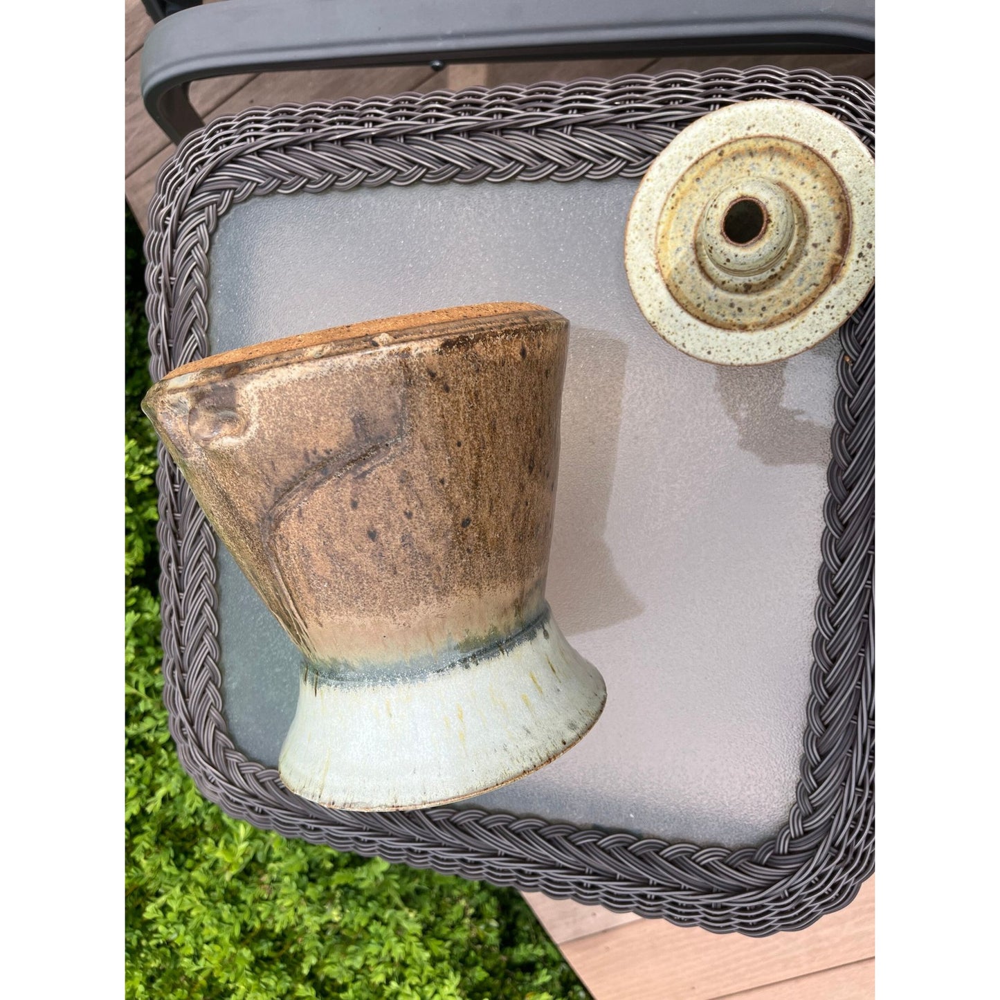 Vtg Handmade Studio Art Fine Pottery Vessel With Lid Glazed Brown Beige Teal Unique Construction