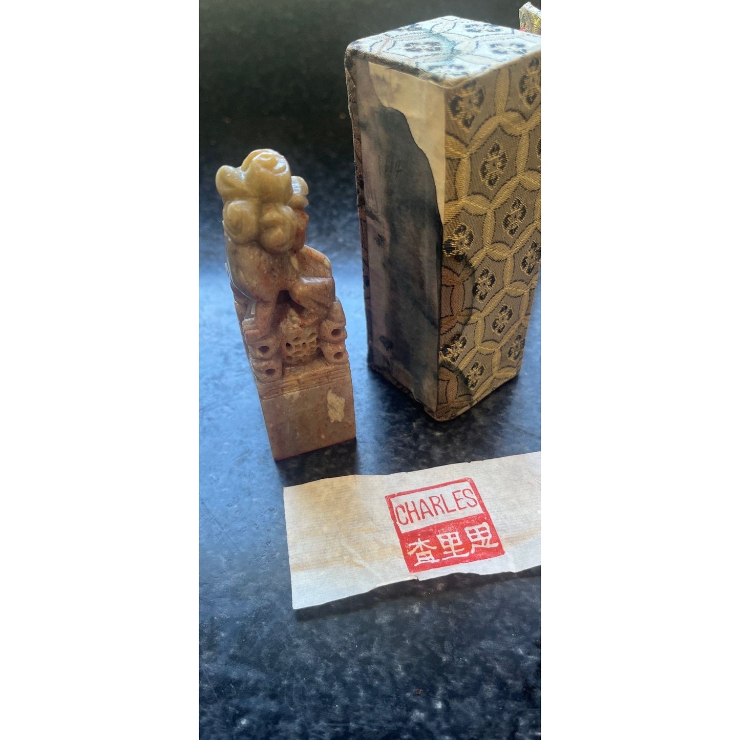 Vintage Chinese Foo Dog Seal Chop Stamp "CHARLES" Square Hand Carved Rose Gray Marbled Soapstone Sculpture In Original Box