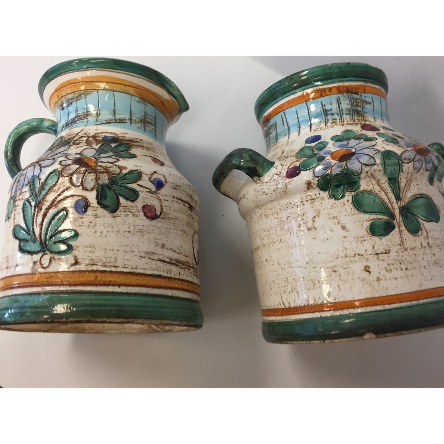 Vtg Deruta Italian Ceramic Pottery Rooster Pitcher & Vase With Cork Lid Made In Italy Blue Flowers Set Of Two