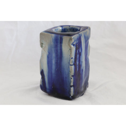 Vtg Handmade 1980's Cobalt Blue Ceramic Vase Pencil Pen Holder Heavily Glazed In And Out 3" One Of A Kind