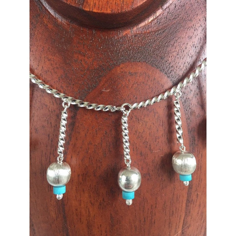 Vintage 1970's Sterling Silver Cable Necklace With Seven Dangle Tubes Turquoise Mexico