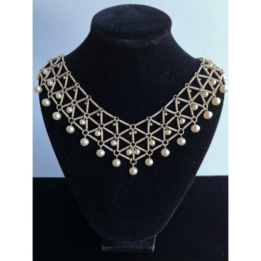 Vintage 1950's Three Layered Gold Tone Bib Necklace Three Size Pearls Triangle Pattern Adjustable Custom Jewelry