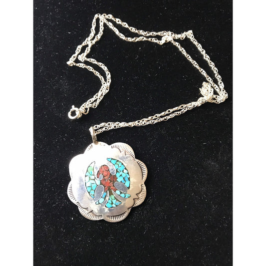 Vtg 1960's Peyote Bird Pendant Inlaid Chipped Turquoise & Coral Stamped Sterling Signed J \ L On Cable Chain