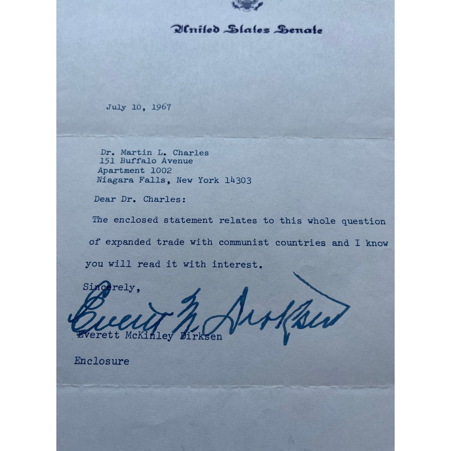 Vtg Signed Letter Everett McKinley Dirksen United States Senate Minority Leader July 10, 1967 To My Father