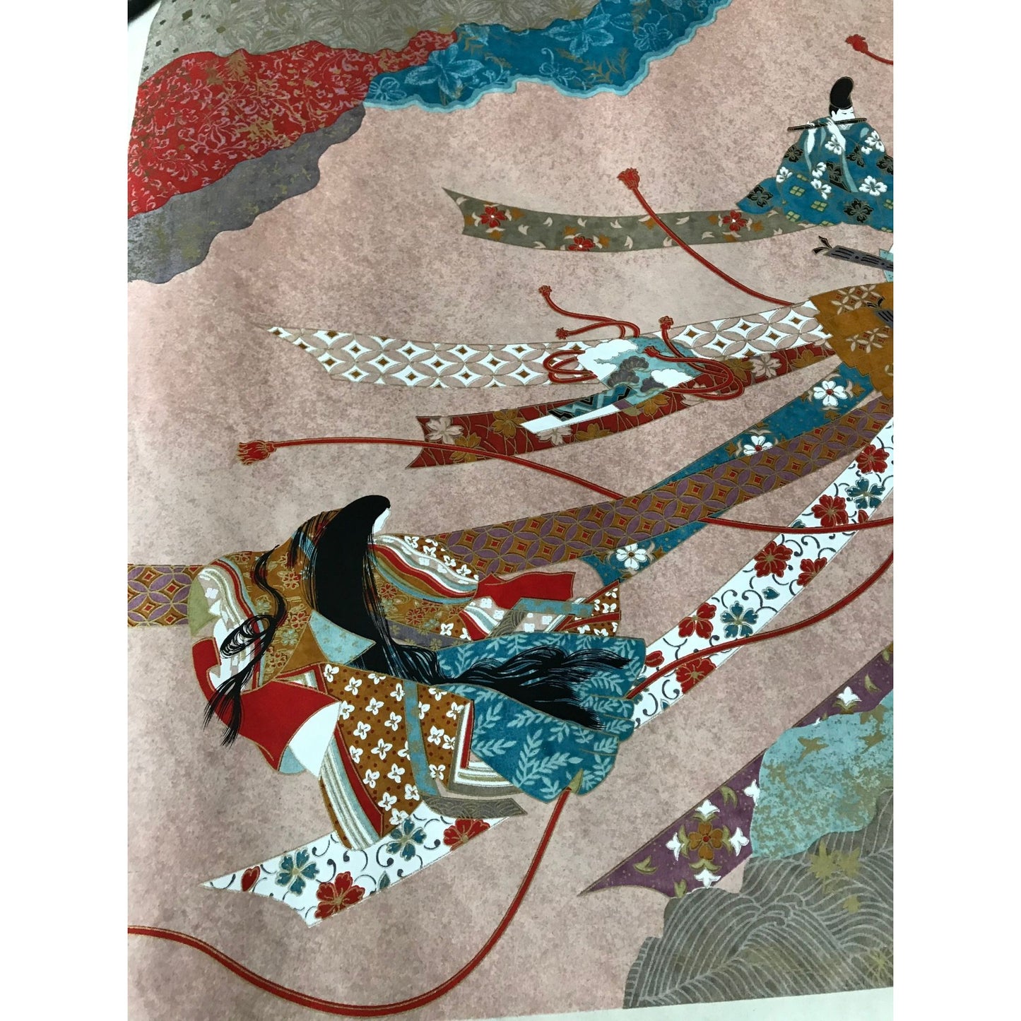 Vintage Mokuhanga Brilliant Asian Wood Block Abstract Scene Kimonos Flute Flowers 25 1/2" x 12 1/2"