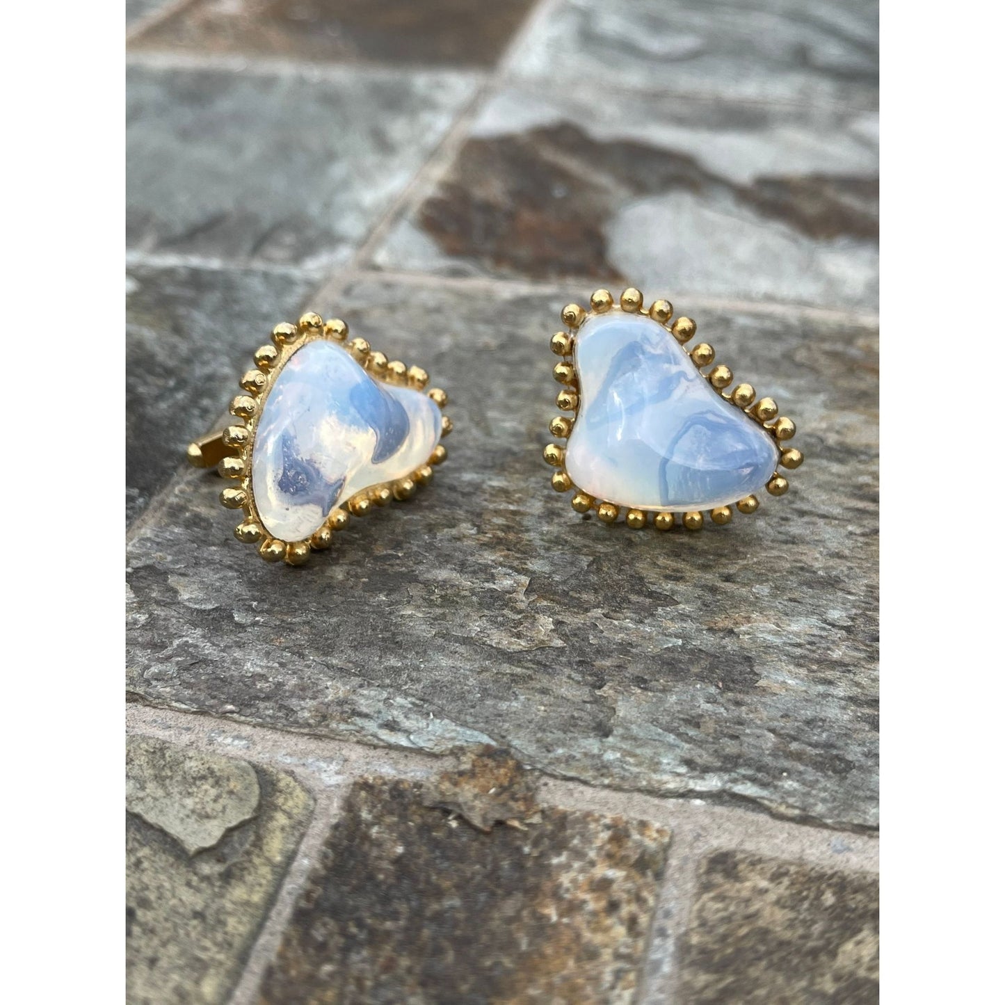 Vtg 1960's Oddly Shaped Gold Plated Moonstone Cufflinks Unique Construction Gold Filigree