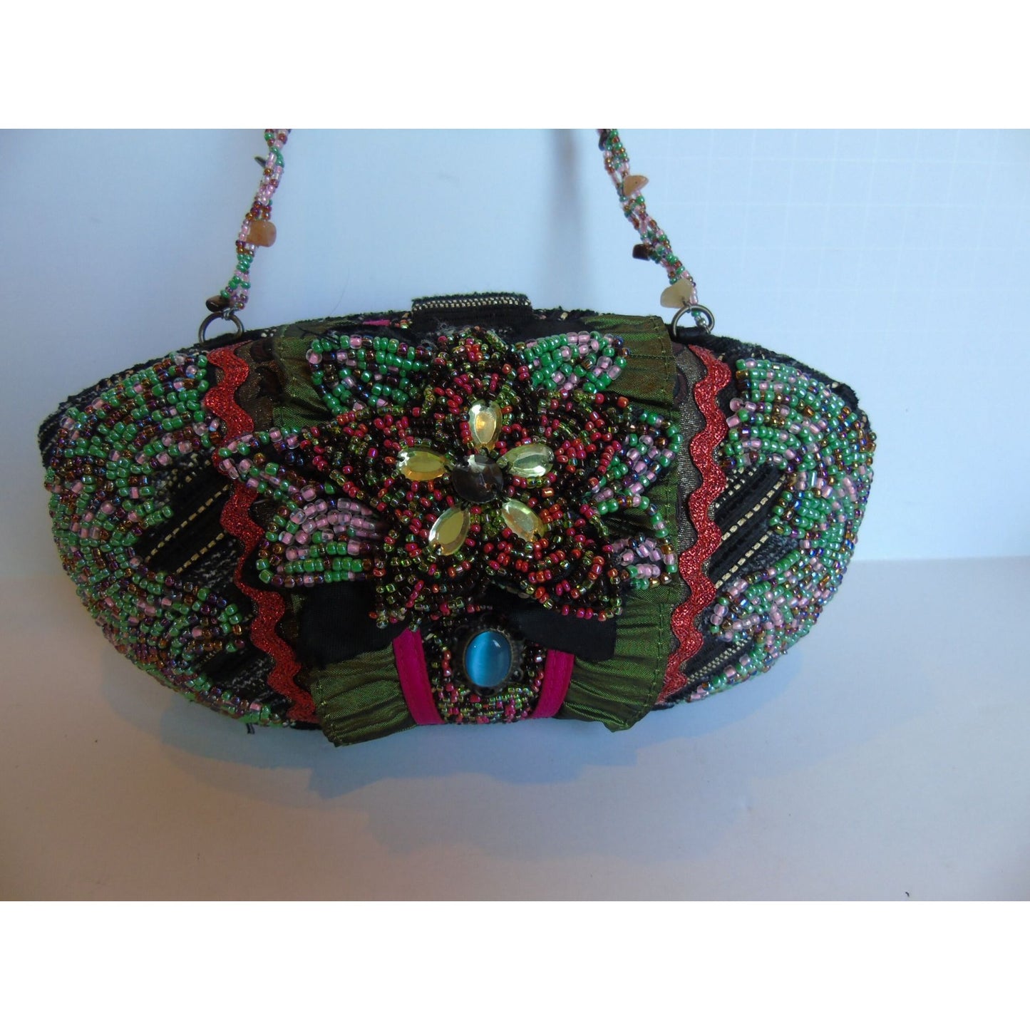 Pritzi Purse Bag Multi Colored Flower Hand Beaded Cloth Ruffled Blue Oval Stone NWOT