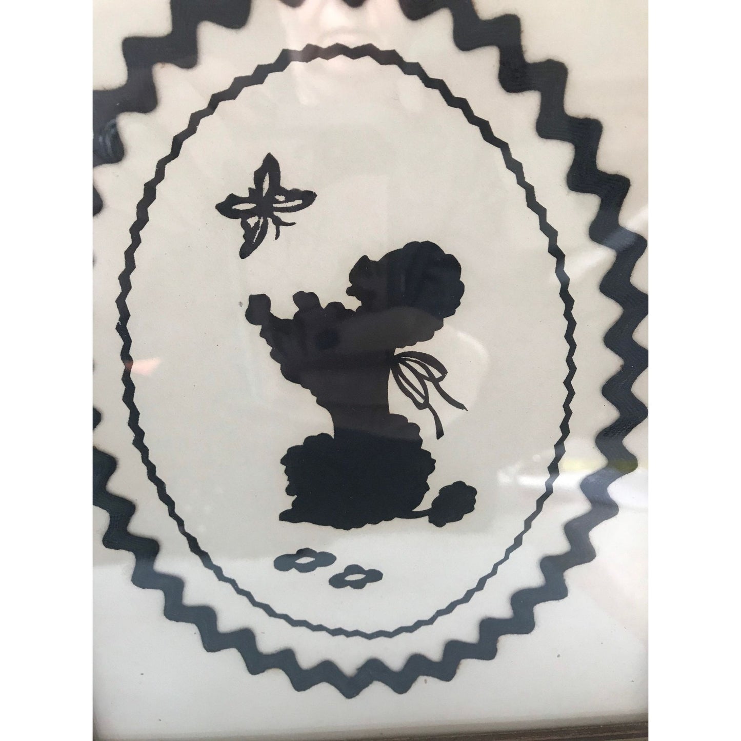 Vintage Handmade Poodle With Butterfly Silhouette Black & White Black Bric-A-Brac Framed