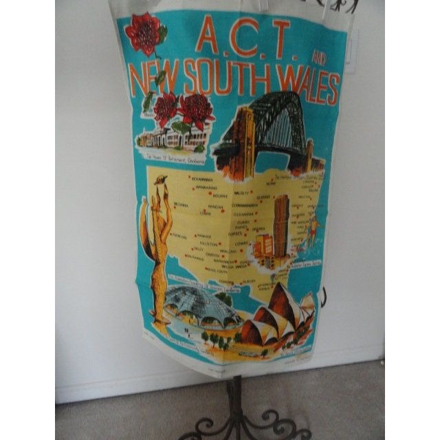 Vtg 1970's A. C. T. New South Wales Tea Towel Wall Hanging All Pure Linen Designed In Australia Made In Poland Hand Printed NWT