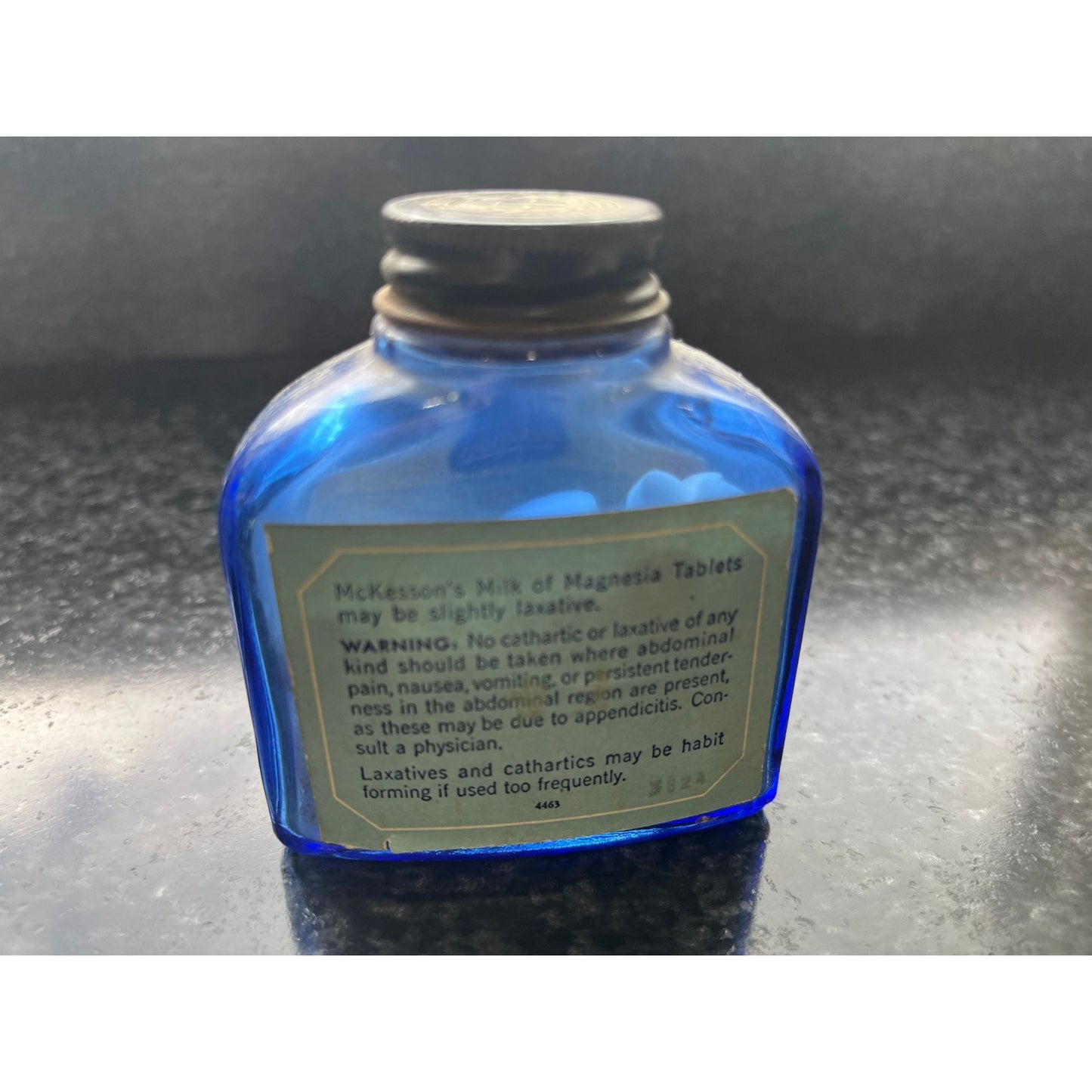 Vtg McKesson & Robbins Bottle Milk of Magnesia Cobalt Blue Ribbed Sided Bottle Original Metal Lid Original Label Collector's Item