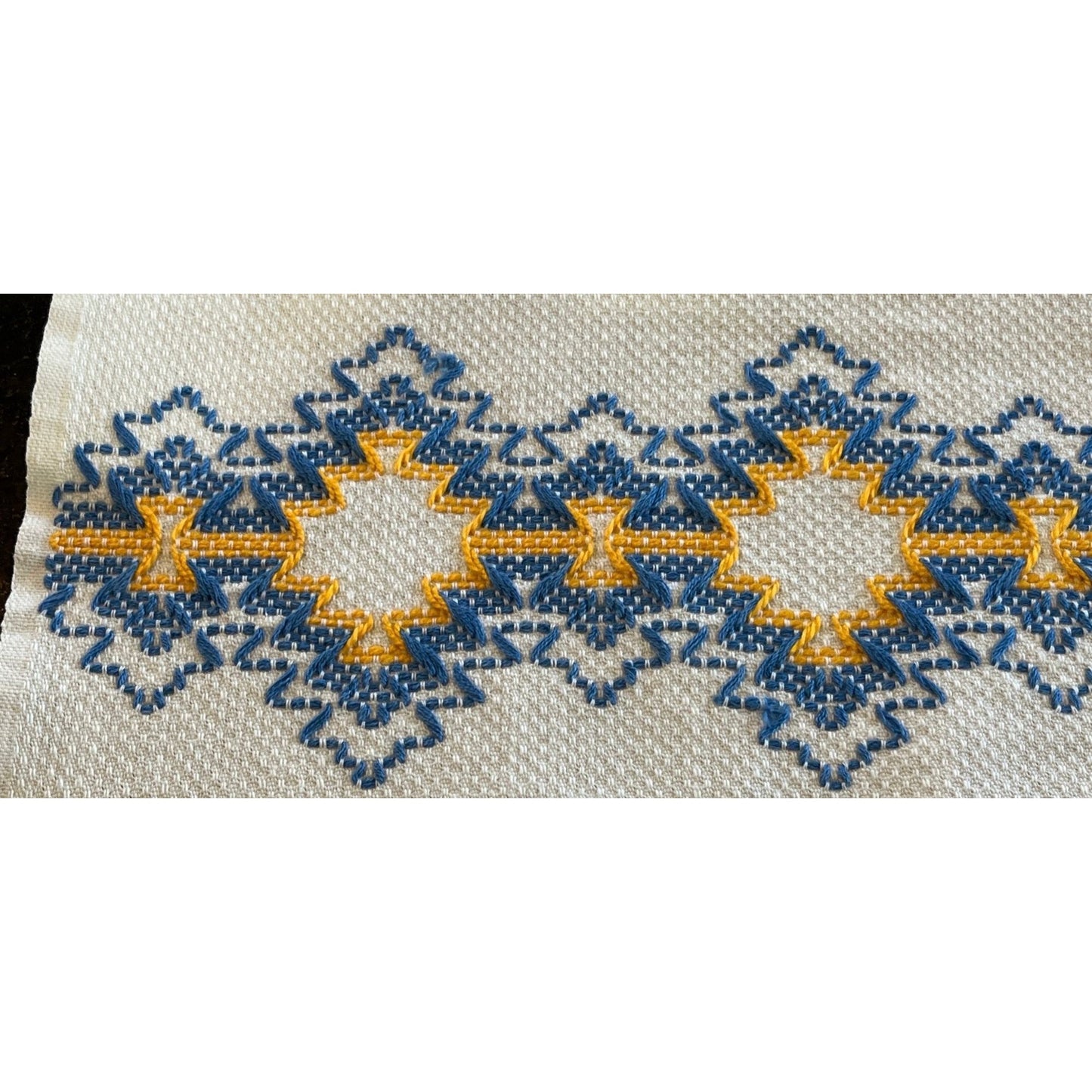 Vtg Handmade Romanian Decorative Table Runner Blue Yellow Hand Embroidered & Crocheted Folk Romanian Textile Intricate Pattern Cotton