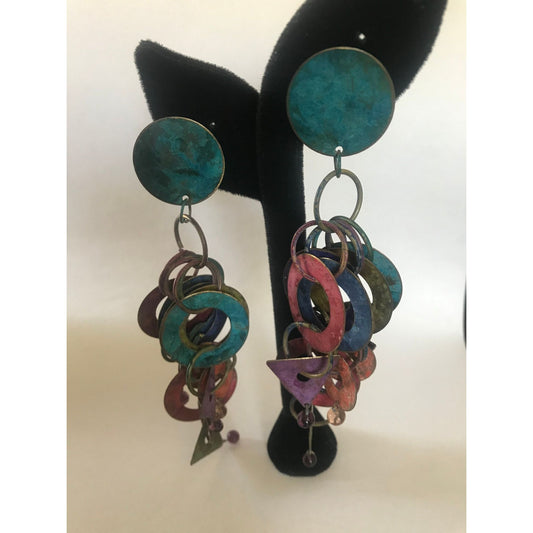 Vtg 1960's Handmade Mod Dangle 5 Drop Circles Clip On Earrings Deep Blue Turquoise Geometric Metal & Beads