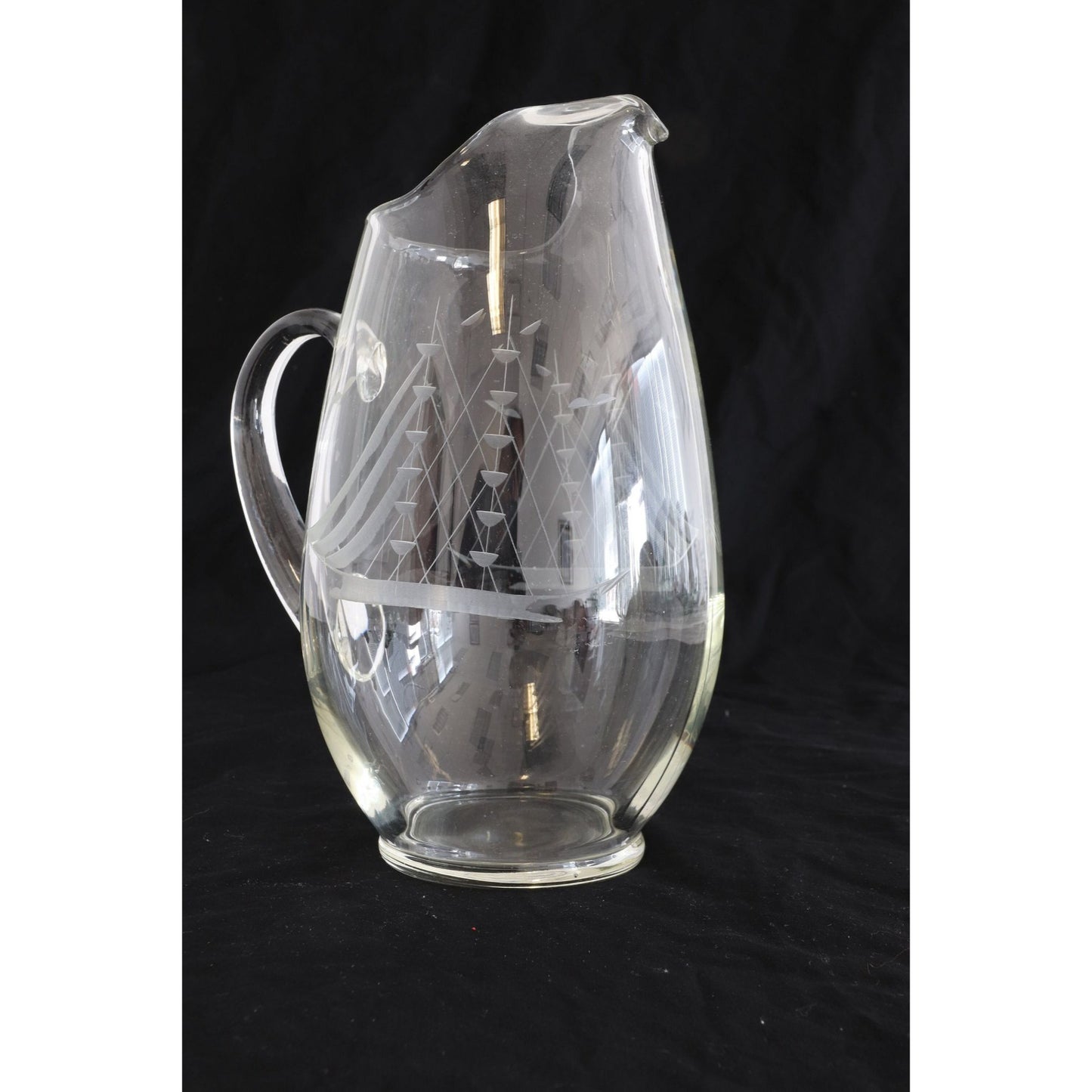 Vintage 1970's Large Glass Pitcher Tall Ship Etching 104 Oz. Sangria Water Juice Glass Pitcher 11" Tall