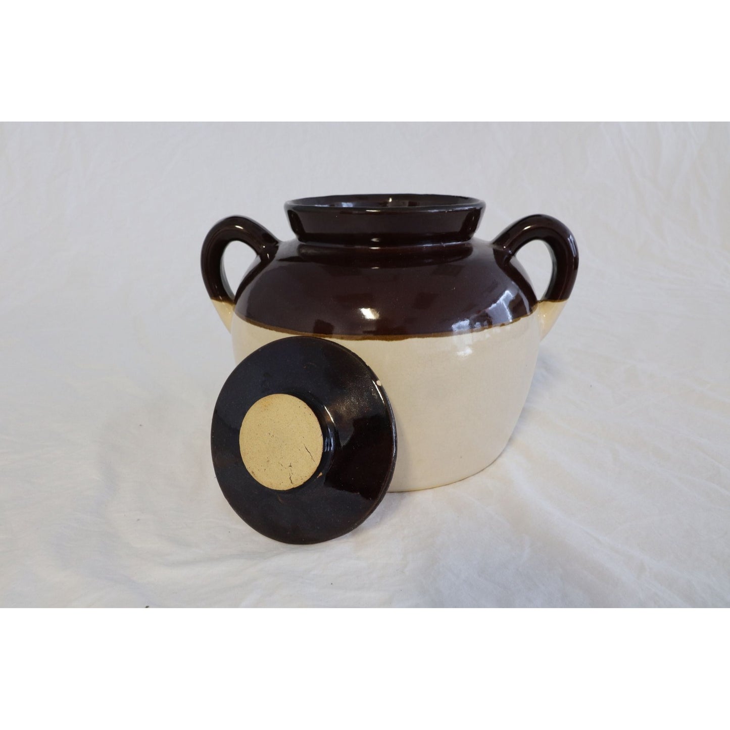 Vintage Large Ceramic Double Handle Brown Beige Crock Glazed Stoneware Jug With Ceramic Lid