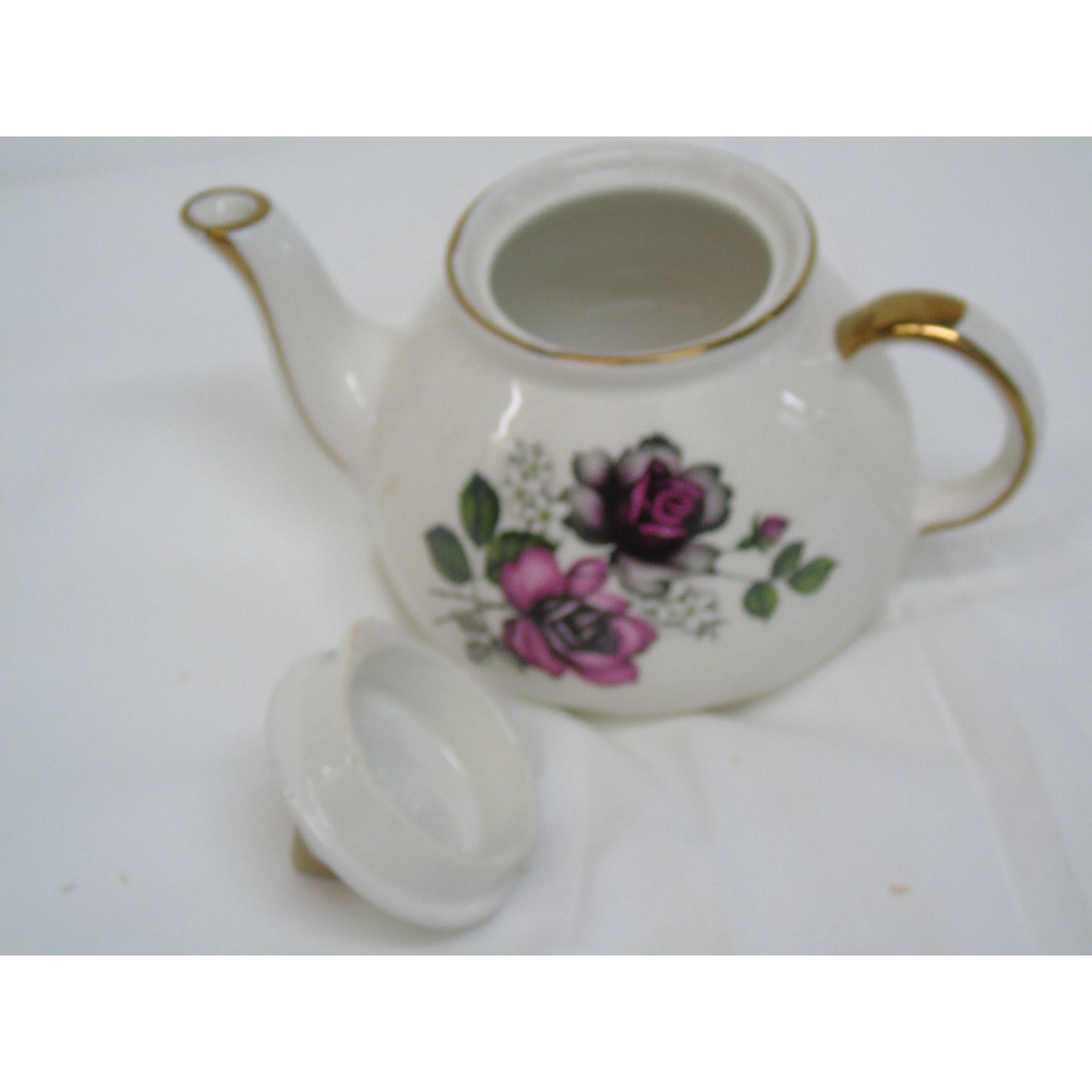 Vintage Gibsons Teapot Staffordshire England White with Gold Trim Pink & Black Roses White Flowers